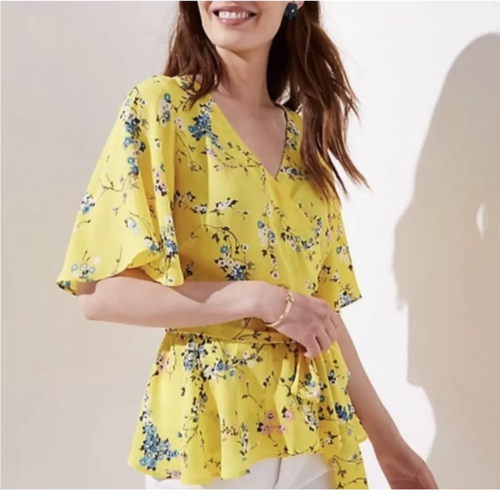 LOFT Yellow Floral Flutter Sleeve Wrap Top Blouse